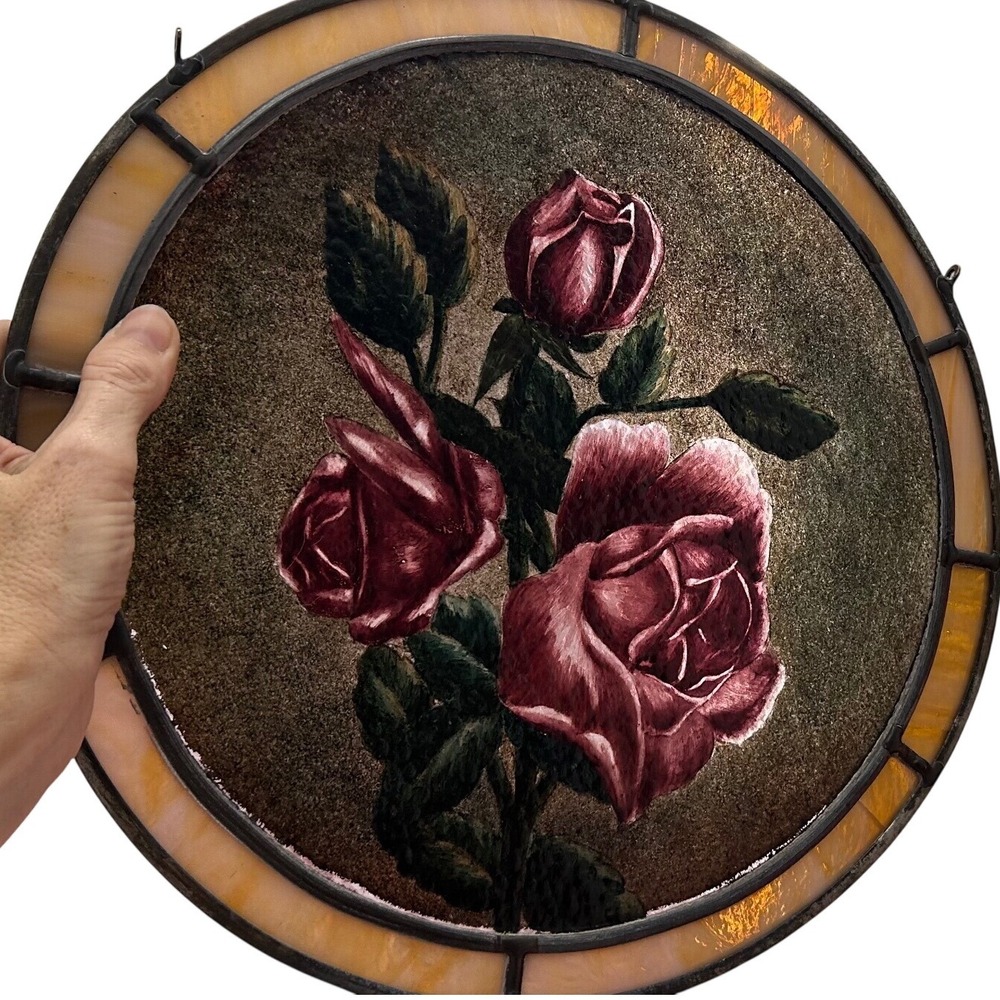 Vintage‎ Round Stained Slag Glass Suncatcher Red Roses Bouquet Floral 10 Inch